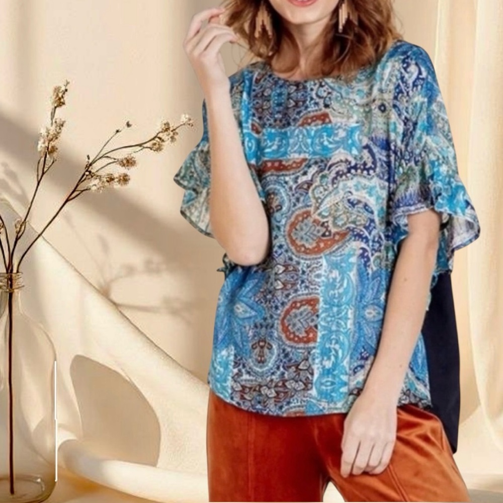 UMGEE Boho Metallic Flutter Sleeve Top | Navy & Gold Shimmer